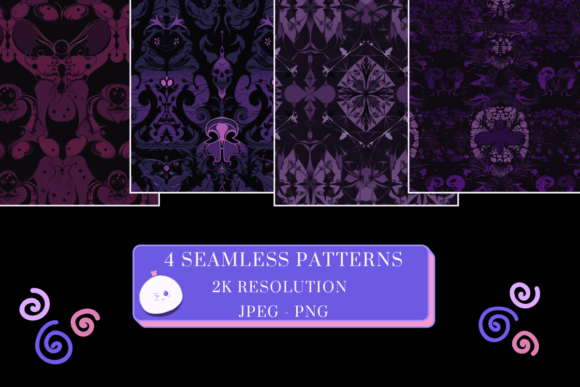 4 Purple Gothic Seamless Patterns PNG