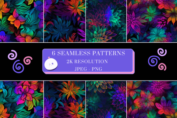 6 Seamless Neon Flower Patterns PNG File