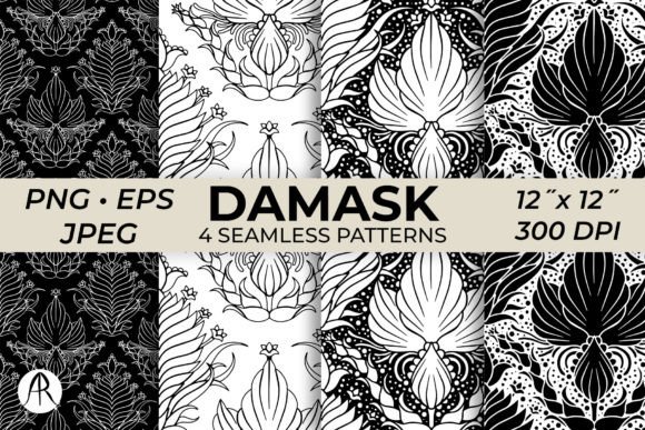 Monochrome Damask Seamless Patterns EPS